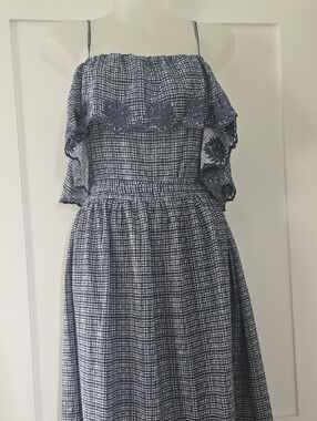 Navy Checked Off-Shoulder Midi Dress with Embroidered Ruffle Detail, NWT, Size M